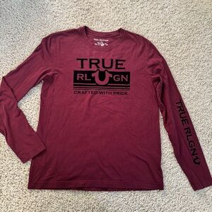 True Religion Shirt Men’s Medium Maroon Tee Long Sleeve